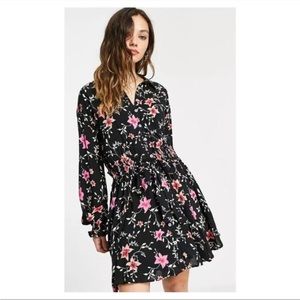 Free People Lighten Up Black Floral Button Down Tie Waist Mini Dress Size‎ Small